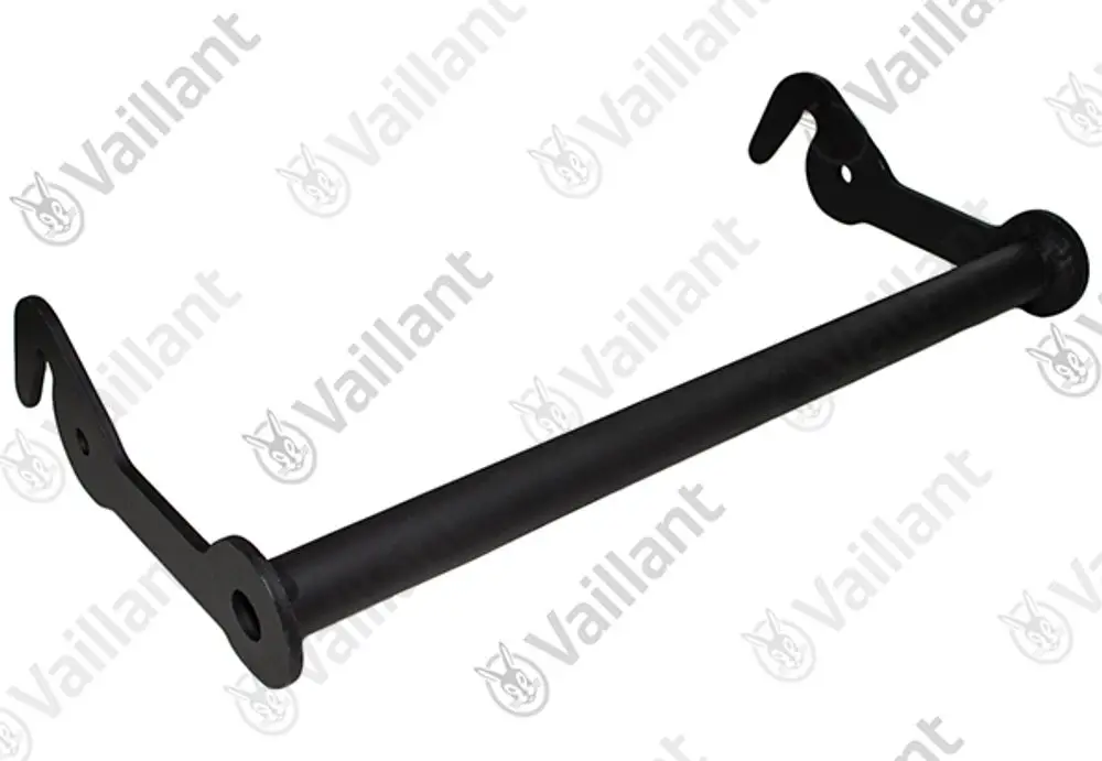 Schwarzes, metallisches Haltegestell mit zwei seitlichen Haken und einer mittigen Stange, gekennzeichnet mit dem Logo der Marke Vaillant.